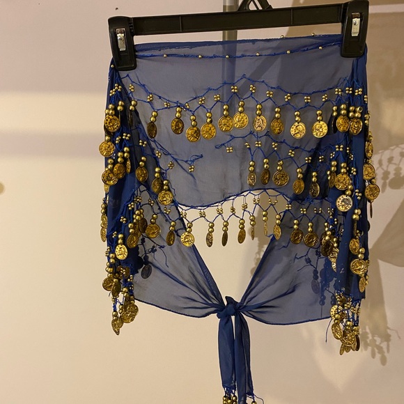 Blue Belly Dance Hip Scarf with Faux Gold Coins - Picture 1 of 2